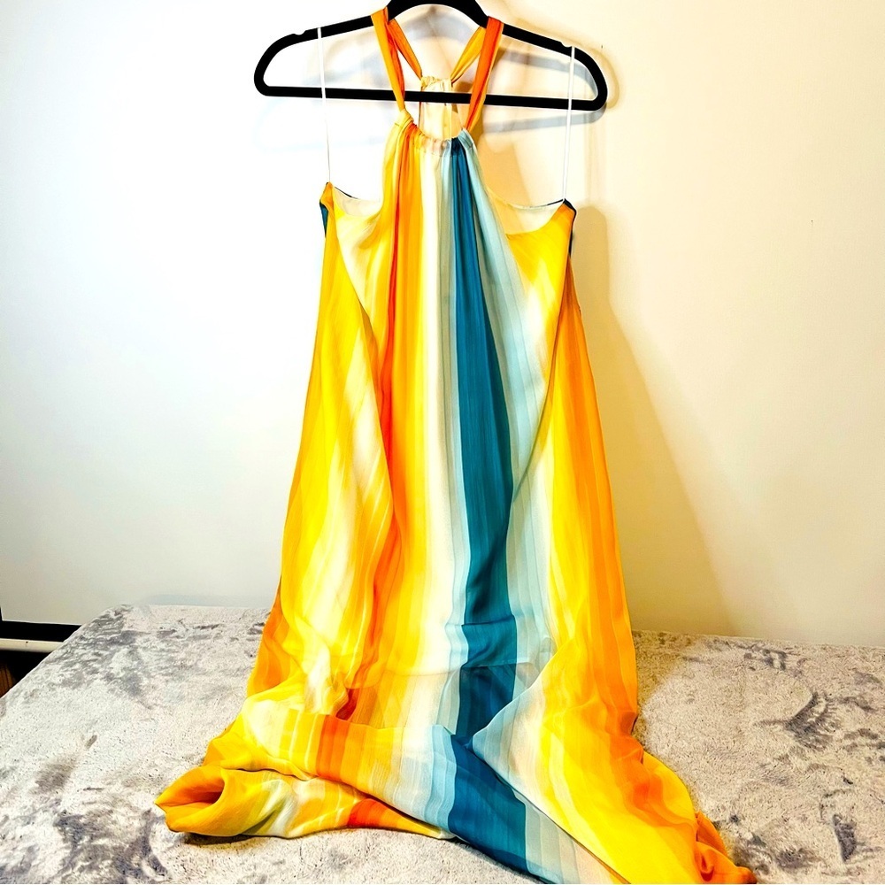 H&M Vibrant Multi Color Striped Halter Neck Maxi Dress Size 10 NWOT